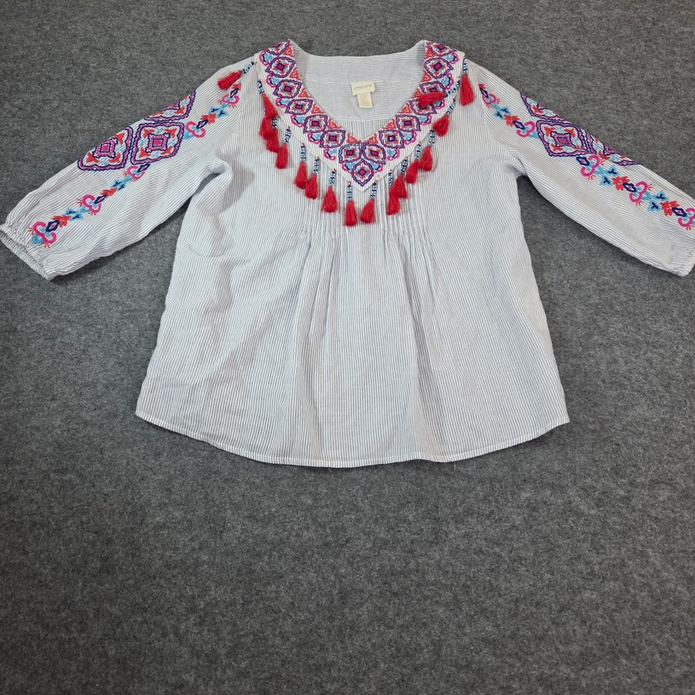 Chico's 0P Small Petite Embroidered Tassel Tunic Blue White Stripe Boho Cotton